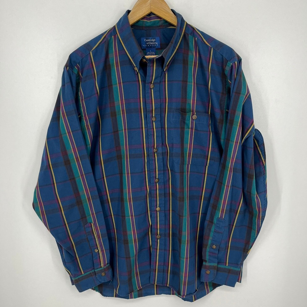 Cambridge Classics Mervyns Mens Large Blue Plaid Button Down Shirt Long Sleeve